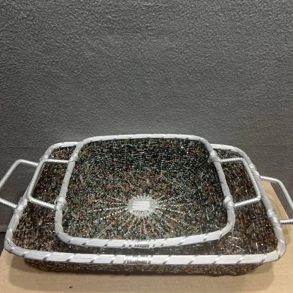 Beautiful Tray Multi Bead Art Silver Metal Woven Basket Made In India Set Of 2